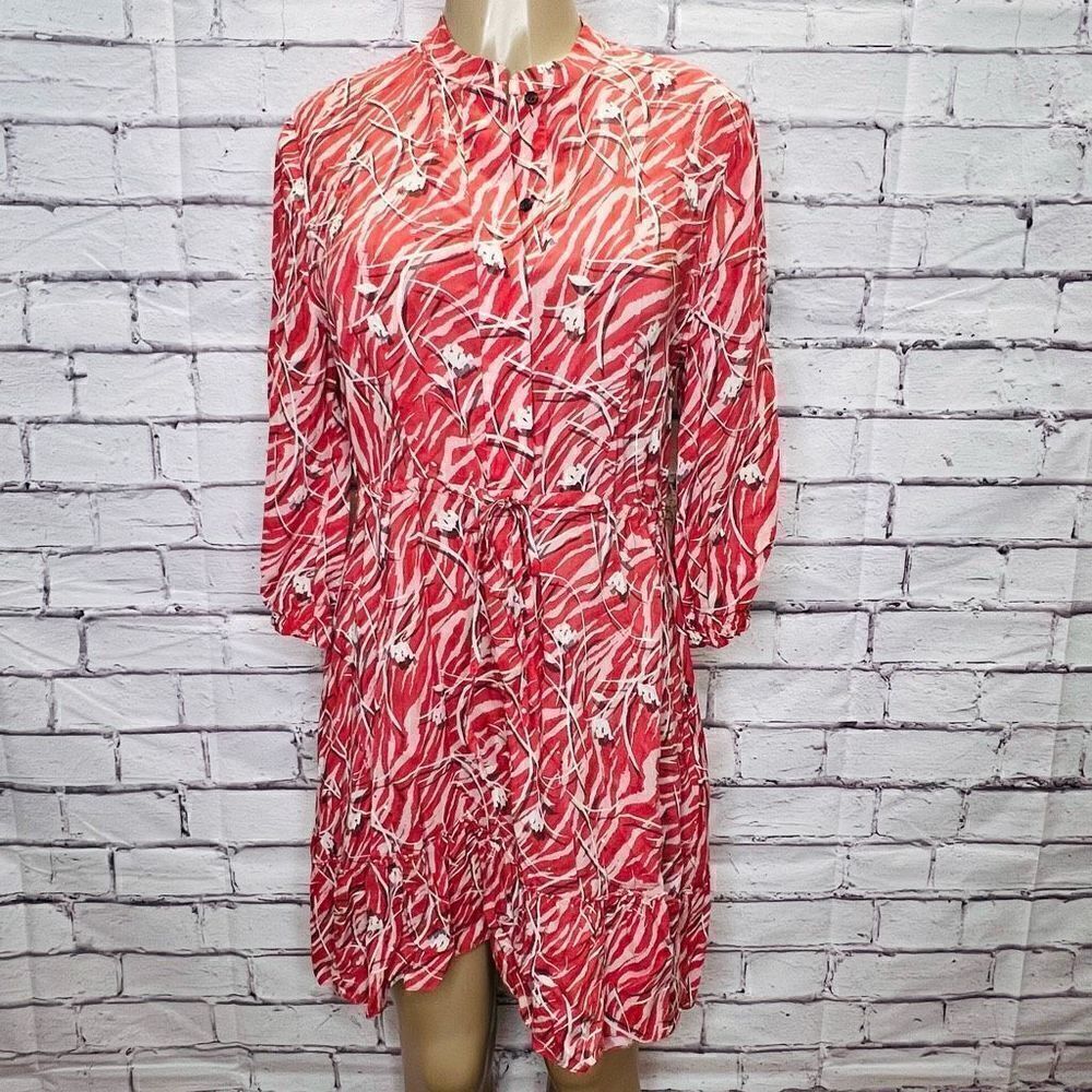 Allsaints Women's Red 3/4 Sleeves Katori Floral Button Front Shirt Dress